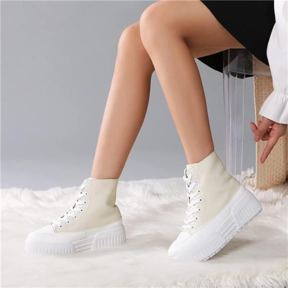 LARIUFH High Top Canvas Lace up White Black High Platform Sneakers Casual - Picture 1 of 6